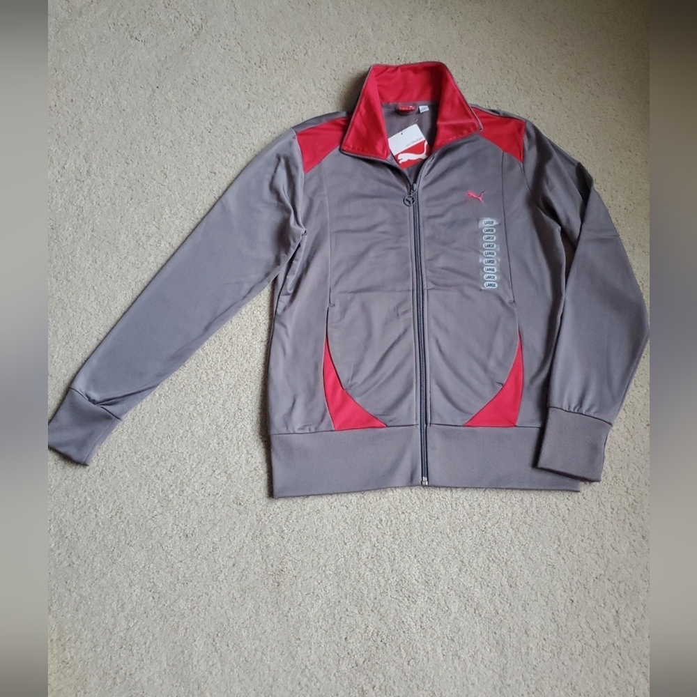 NWT PUMA Lifestyle grey geranium red zipper warm up Poly Track jacket vintage L